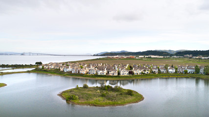 Fototapeta na wymiar Aerial, San Rafael, Northern California, Richmond Bridge, water, landscape, city, 