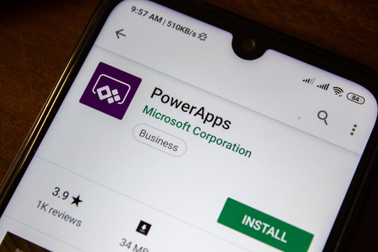 Ivanovsk, Russia - July 07, 2019: PowerApps app on the display of smartphone or tablet.