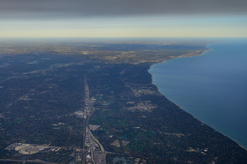 Aerial view of Lake Michigan North Chicago Skokie Highway from Northbrook Court and Sunset Valley...