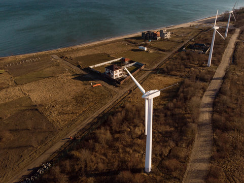 Aerial view to windmills at seaside