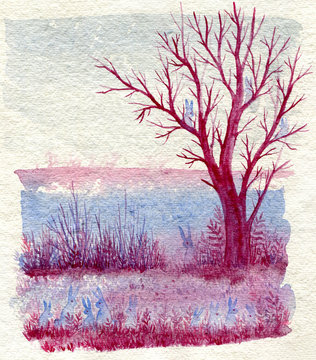 Original watercolor illustration of violet tree and thirteen rabbits