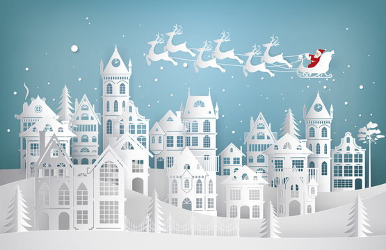 Merry Christmas and Happy New Year. Santa Claus coming to city on a sleigh with deers. Paper art vector illustration 