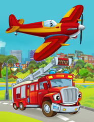 Obraz na płótnie Canvas cartoon scene with fireman vehicle on the road driving through the city and plane flying over - illustration for children