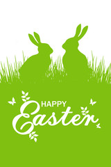 Green rabbits silhouette on grass background. Inscription Happy Easter. Vector illustration