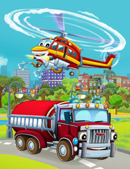 cartoon scene with fireman vehicle on the road driving through the city and helicopter flying over - illustration for children