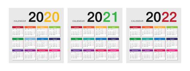 Year 2020 and Year 2021 and Year 2022 calendar vector design template, simple and clean design.