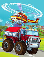 cartoon scene with fireman vehicle on the road driving through the city and helicopter flying over - illustration for children