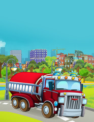 cartoon scene with fireman vehicle on the road - illustration for children
