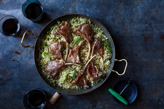 Pan fried lamb cutlets with mint cauliflower rice