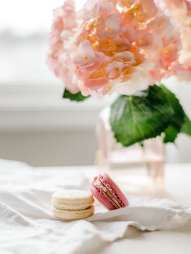 Pink Hydrangea flowers and French Macarons