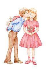 Little boy kisses girl - watercolor cartoon  illustration, romantic card for Valentines day