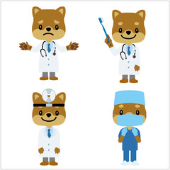 イラスト素材 犬を擬人化したお医者さん 獣医師 のキャラクターイラストセット 柴犬 指示棒 マルバツ棒 Wall Mural Globeds