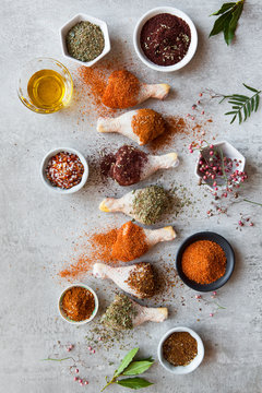 Chicken drumsticks with a variety of dry rubs, herbs and spices