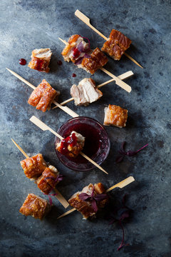 Crispy Pork Belly On Skewers With Dipping Sauce