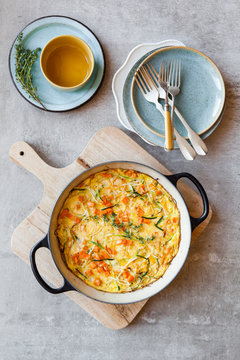 Vegetable frittata with squash, zucchini, sweet potato and herbs