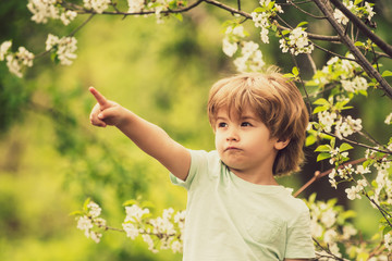 Boy on a background of spring nature. Little hunter. The boy points a finger to something. Beautiful child looks forward.