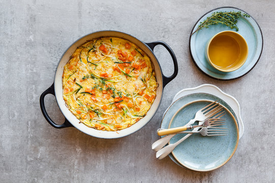 Vegetable frittata with squash, zucchini, sweet potato and herbs
