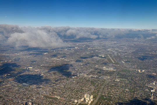 Aerial view of Toronto Allen Expressway to Yorkdale Shopping Center and Downsview Airport