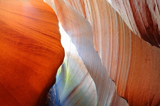 Magical colours and textures inside red rocks of Slot Canyon