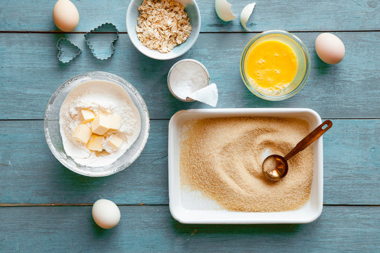 Baking ingredients with flour, butter, sugar and eggs