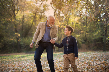 A grandfather and his grandson strolling around the park, talking and holding hands. The autumnal...