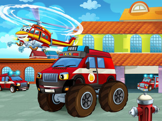 cartoon scene with fireman vehicle on the road near the fire station - illustration for children