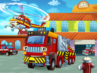 cartoon scene with fireman vehicle on the road near the fire station - illustration for children