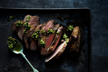 Roast beef with herb chimichurri sauce