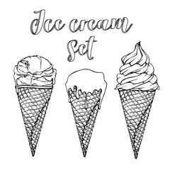 Cone ice cream set. Sketch ice cream objects, hand drawn. Sweet dessert. Isolated white background. Vector illustration.