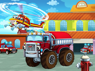 cartoon scene with fireman vehicle on the road near the fire station - illustration for children