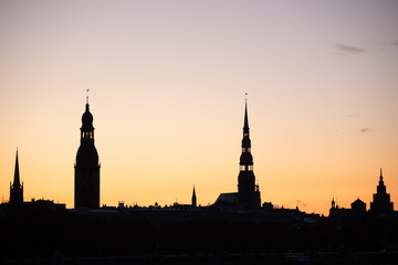 Riga panorama silhouette. City skyline at sunrise