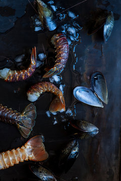 Seafood Lobster Tails and Mussels on ice