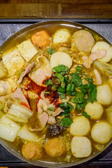 Pork and potato chinese hot pot high angle view