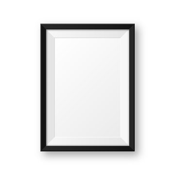 Realistic blank black picture frame with shadow isolated on white background. Modern poster mockup. Empty photo frame for art gallery or interior. Vector illustration.