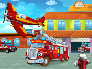 Obraz na płótnie Canvas cartoon scene with fireman vehicle on the road near the fire station - illustration for children
