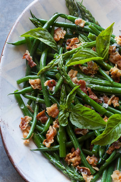 Thanksgiving Christmas Side Dish. Asparagus And Green Bean Salad With Pancetta Crumble