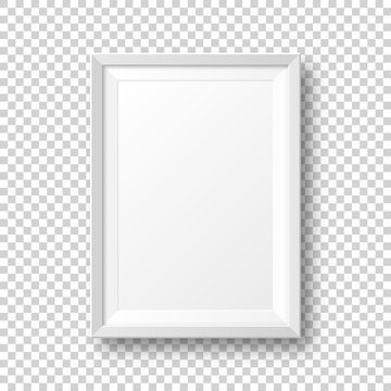Realistic blank white picture frame with shadow isolated on transparent background. Modern poster mockup. Empty photo frame for art gallery or interior. Vector illustration.