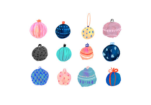 Set of Hand-Drawn Christmas Ball Ornament Illustrations