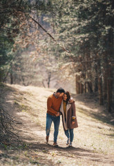 Naklejka na ściany i meble Young beautiful couple in love walking embraced through forest in the autumn.