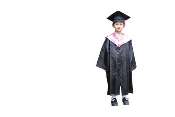 Closeup Shot at A Boy in Academic Dress, Showing His Graduate Certificate.  Isolated or Die Cut on White Background with Clipping Path or Selection Path Included.