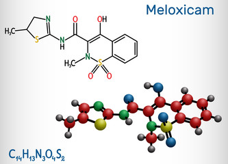 Meloxicam C14H13N3O4S2 molecule. It is a nonsteroidal anti-inflammatory drug NSAID. Structural chemical formula and molecule model