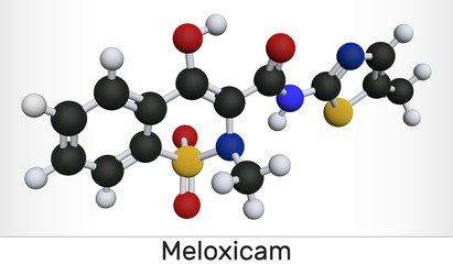 Meloxicam C14H13N3O4S2 molecule. It is a nonsteroidal anti-inflammatory drug NSAID. Molecular model