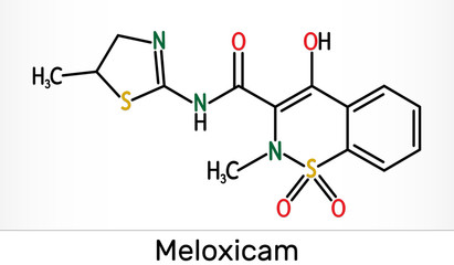 Meloxicam C14H13N3O4S2 molecule. It is a nonsteroidal anti-inflammatory drug NSAID. Skeletal chemical formula