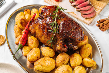 New Year table with different dishes and drinks