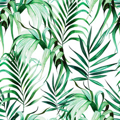 Beautiful watercolor seamless pattern with tropical leaves. 