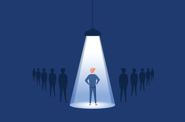 Business hiring and recruitment vector concept with spotlight on one person from crowd. Career opportunity symbol.