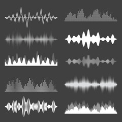 Sound waves collection. Analog and digital audio signal. Music equalizer. Interference voice recording. High frequency radio wave. Vector illustration.