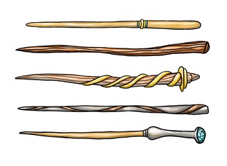 Set of five magic wooden wands isolated on white background. Wizard items. Hand drawn cartoon illustration Isolated on a white background. Halloween attribute. 