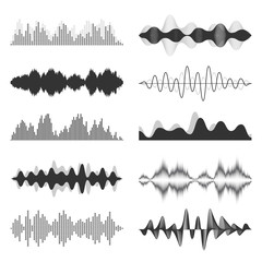 Obraz premium Sound waves collection. Analog and digital audio signal. Music equalizer. Interference voice recording. High frequency radio wave. Vector illustration.