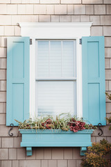 Shutters window illustration. Blue window with open shutters. Traditional wooden window of an old house in USA.